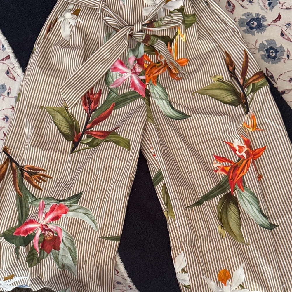 Zara Beige and White Striped Pants with floral print